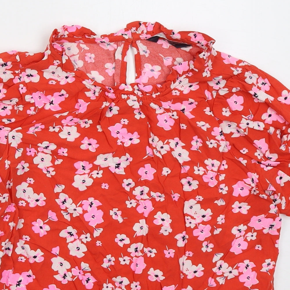 Marks and Spencer Womens Red Floral Viscose Basic T-Shirt Size 6 Round Neck