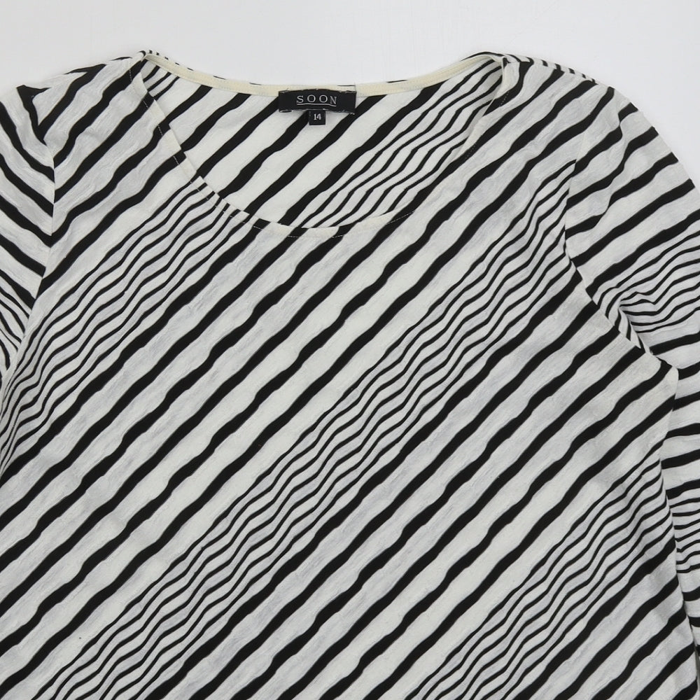 Soon Womens White Striped Polyester Basic T-Shirt Size 14 Round Neck - Black and White