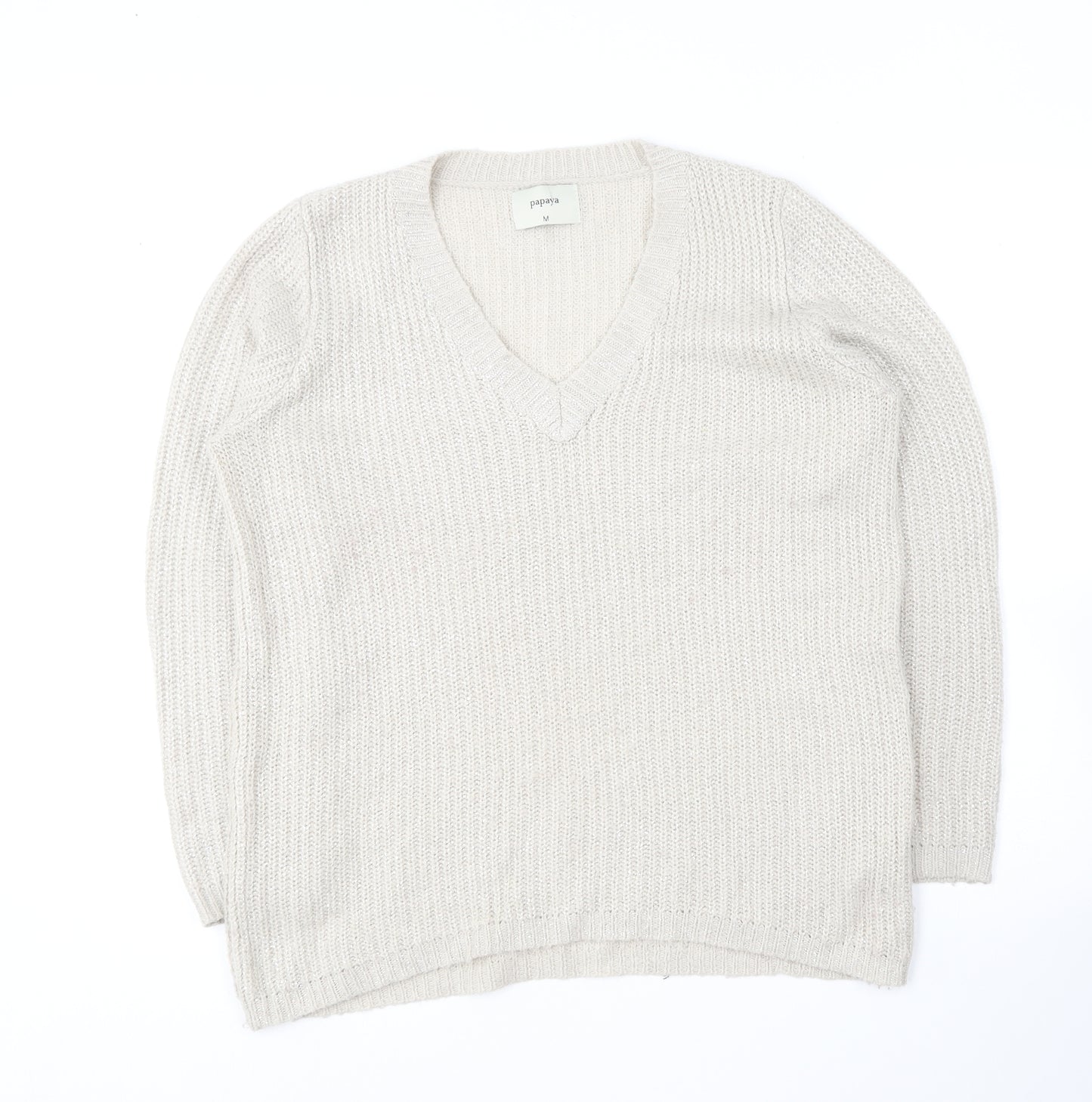 Papaya Womens Beige V-Neck  Acrylic Pullover Jumper Size M