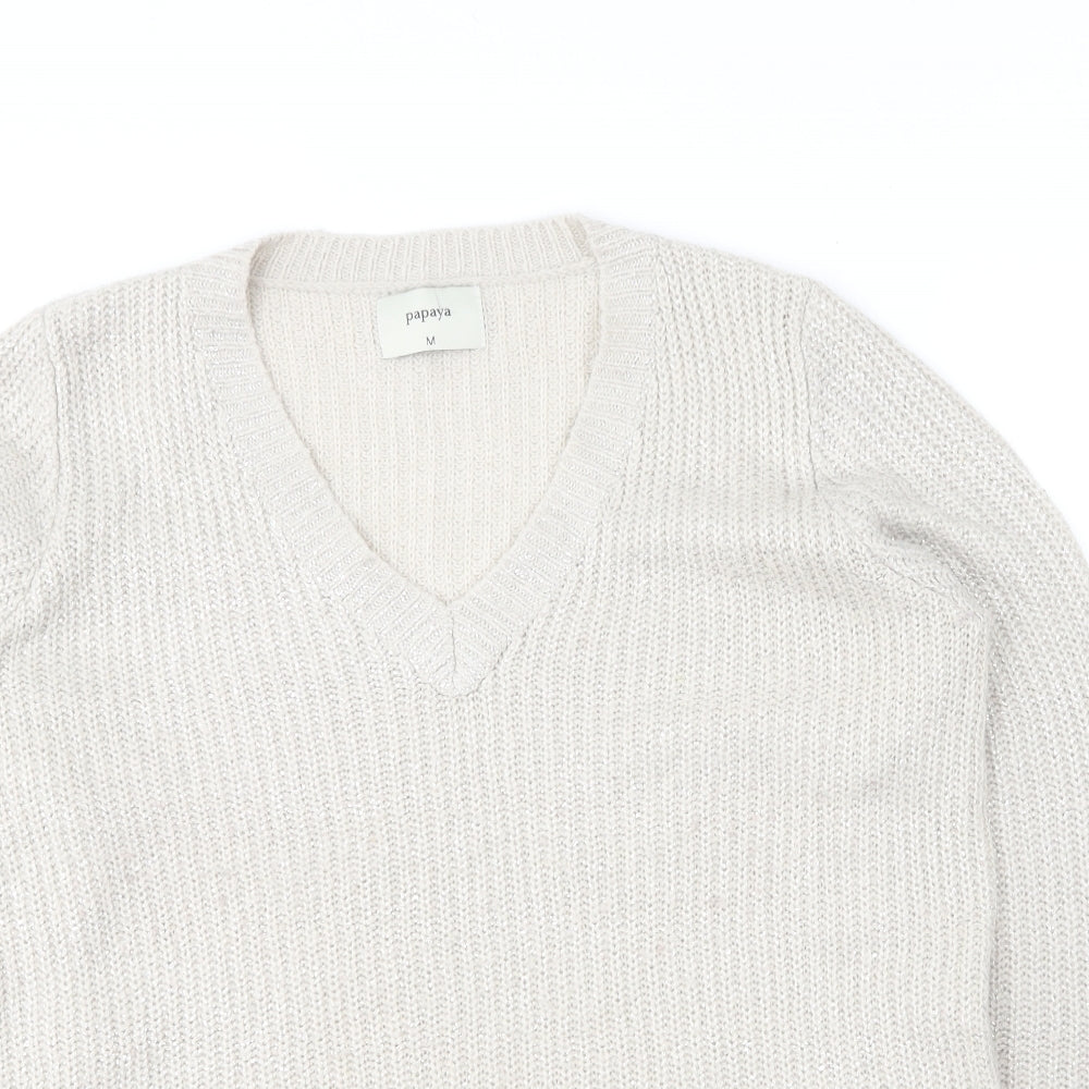 Papaya Womens Beige V-Neck  Acrylic Pullover Jumper Size M
