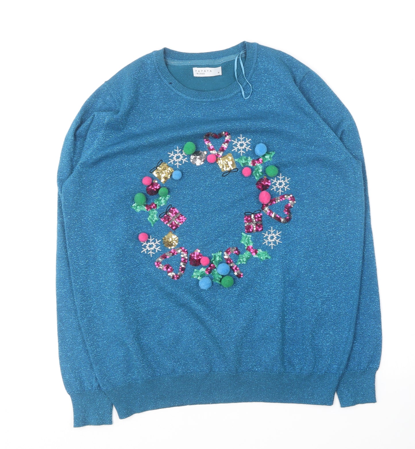 Papaya Womens Blue Round Neck  Viscose Pullover Jumper Size M   - Christmas Jumper