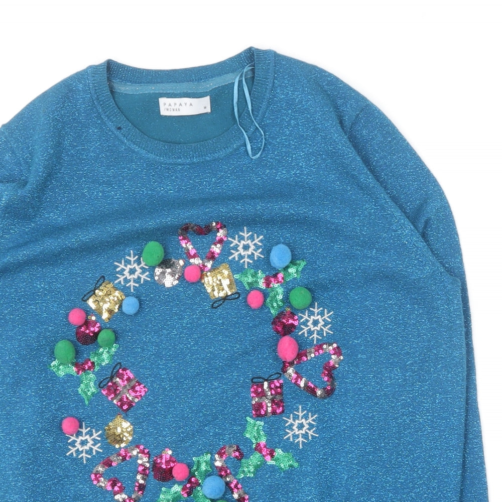 Papaya Womens Blue Round Neck  Viscose Pullover Jumper Size M   - Christmas Jumper
