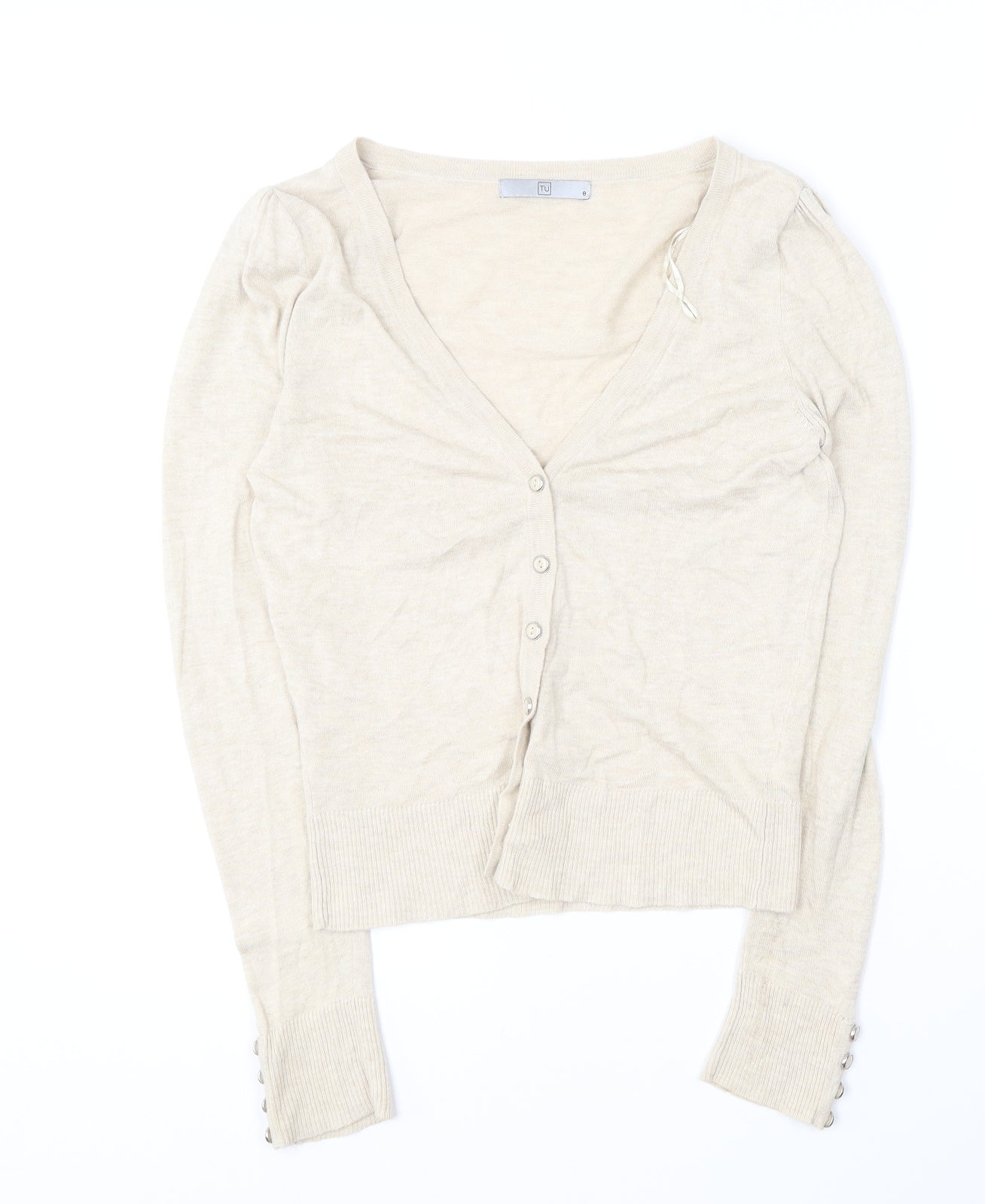 TU Womens Beige V-Neck  Nylon Cardigan Jumper Size 8