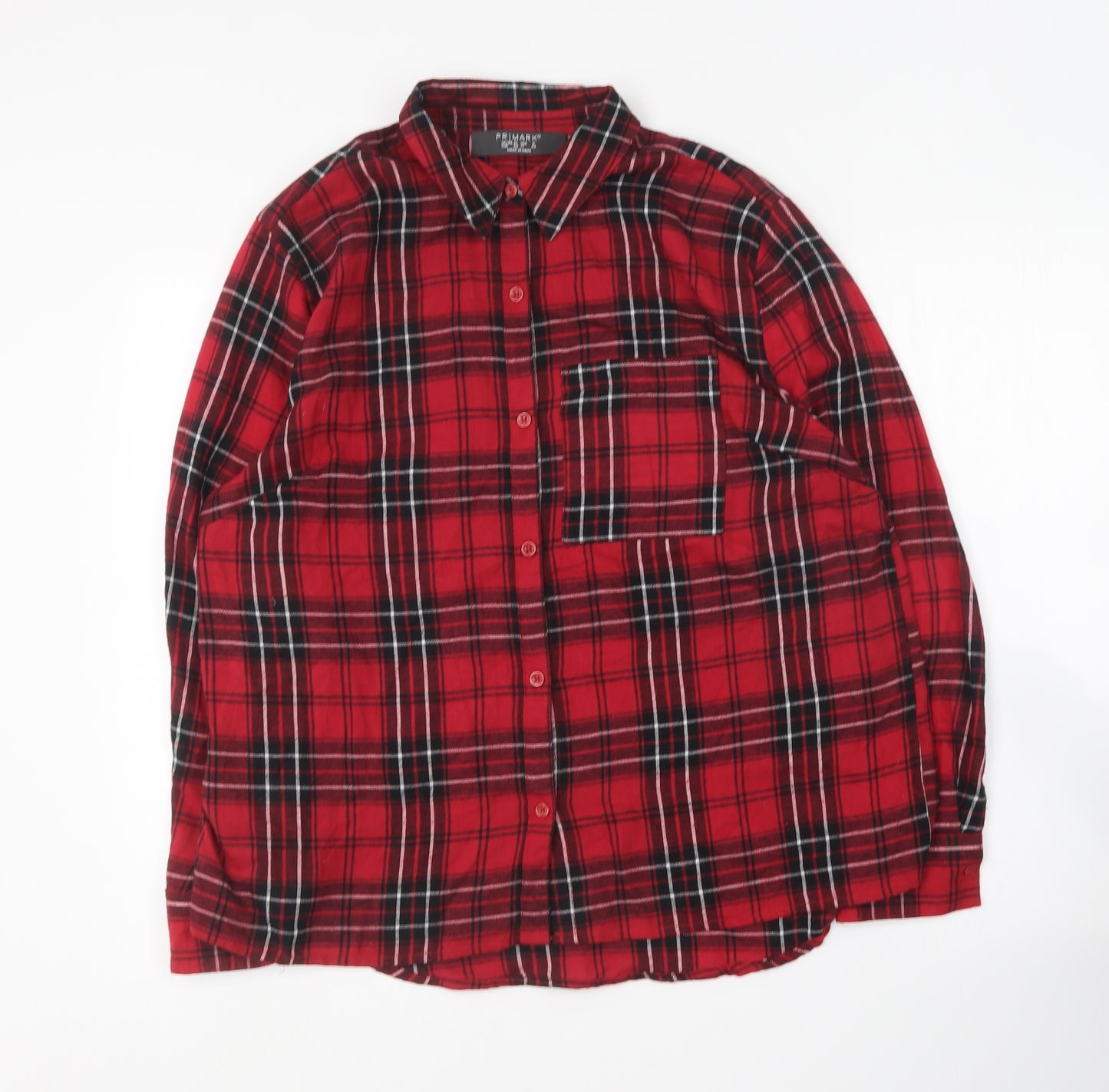 Primark Womens Red Plaid Cotton Basic Button-Up Size 12 Collared