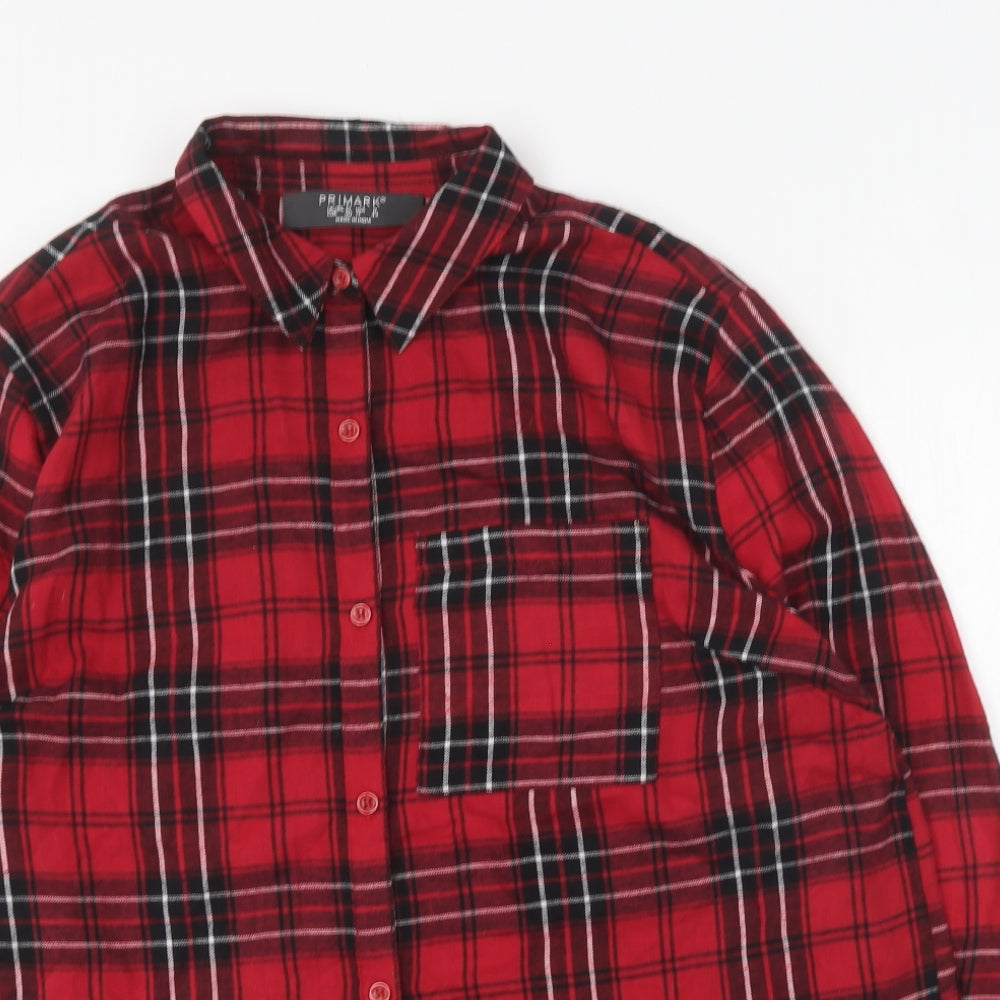 Primark Womens Red Plaid Cotton Basic Button-Up Size 12 Collared