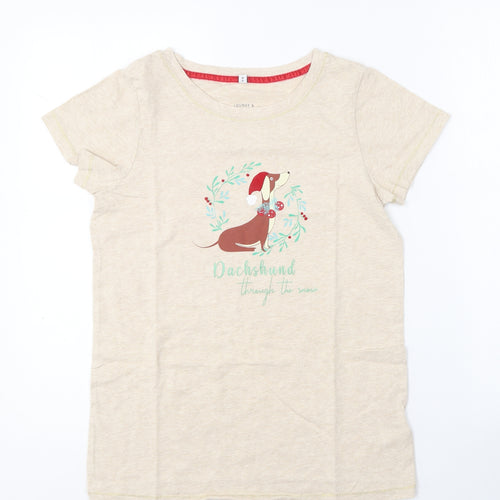 Debenhams Womens Beige  Cotton Basic T-Shirt Size 8 Round Neck - Christmas Dachshund