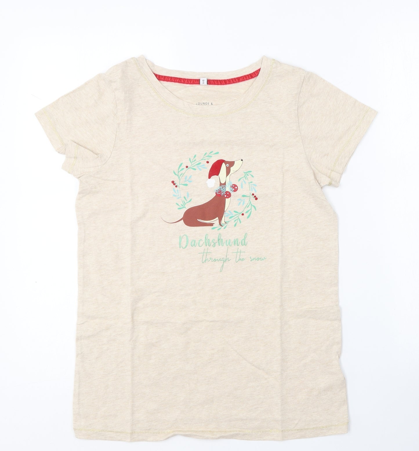 Debenhams Womens Beige  Cotton Basic T-Shirt Size 8 Round Neck - Christmas Dachshund