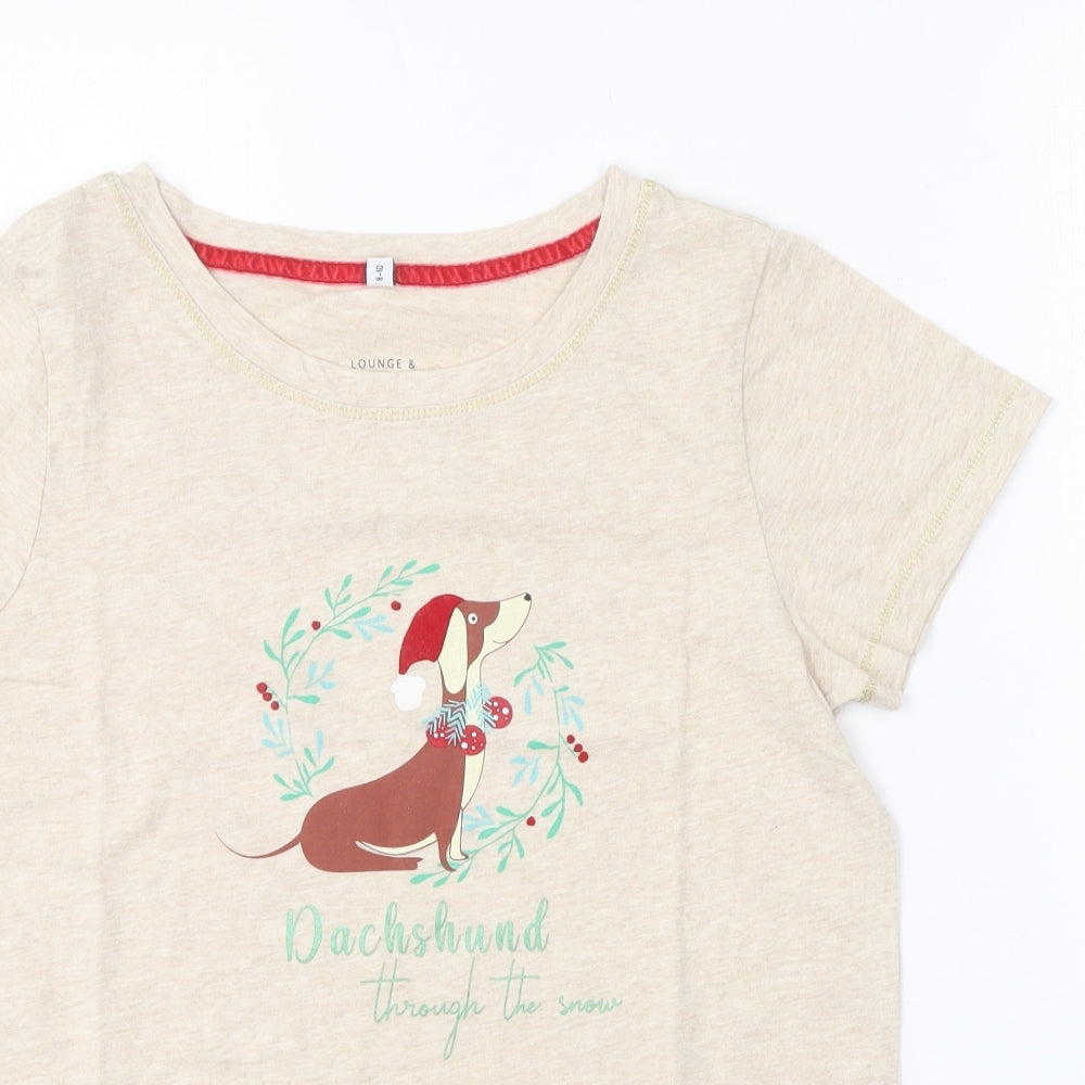 Debenhams Womens Beige  Cotton Basic T-Shirt Size 8 Round Neck - Christmas Dachshund