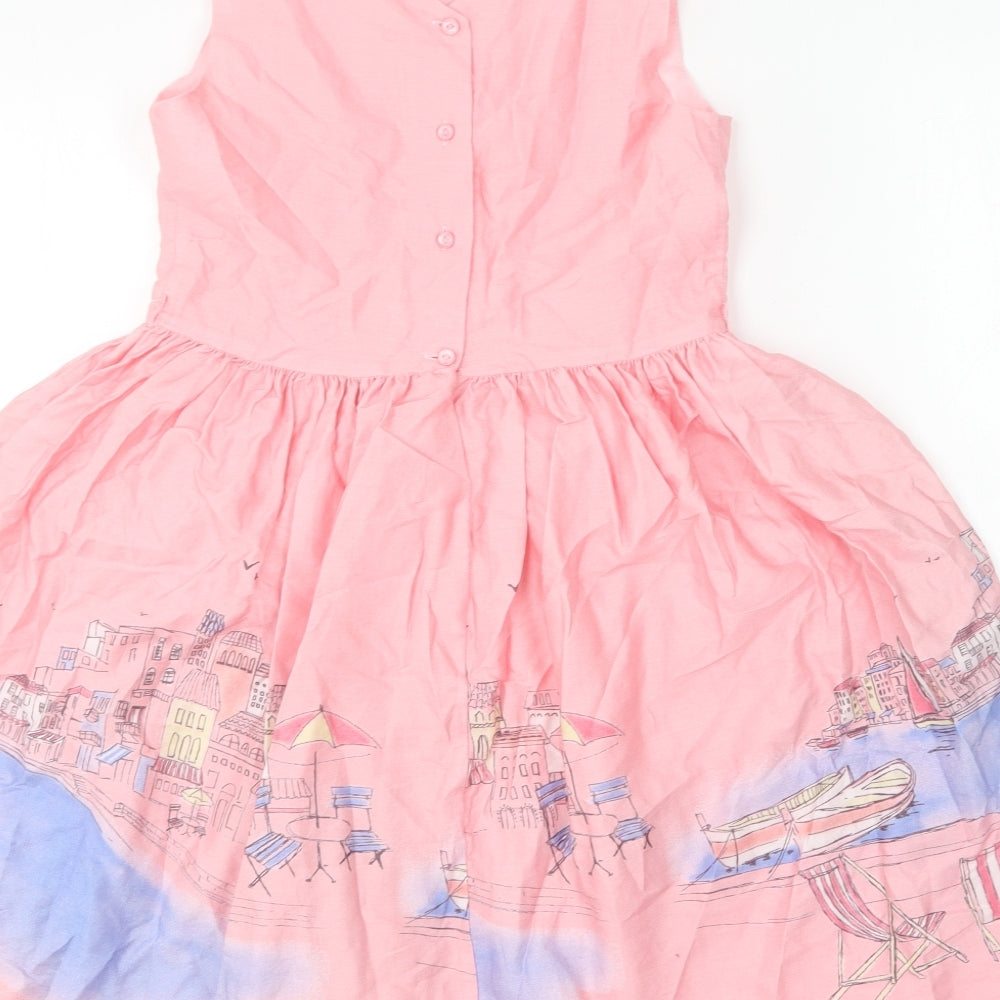 Jasper Conran Girls Pink  Cotton Skater Dress  Size 11 Years  Round Neck