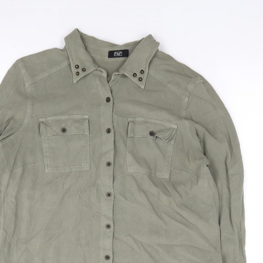 F&F Womens Green  Viscose Jersey Button-Up Size 14 Collared