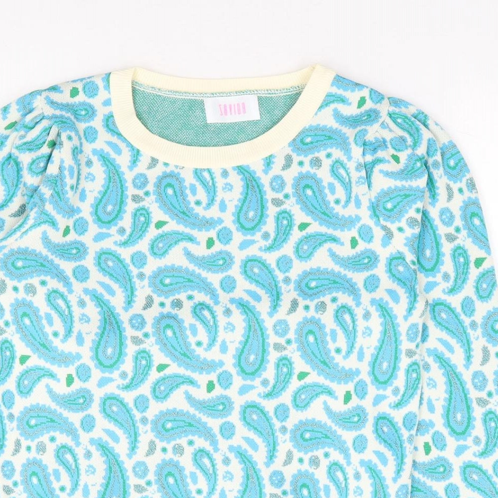 Savido Womens Blue Crew Neck Paisley Polyester Pullover Jumper Size S