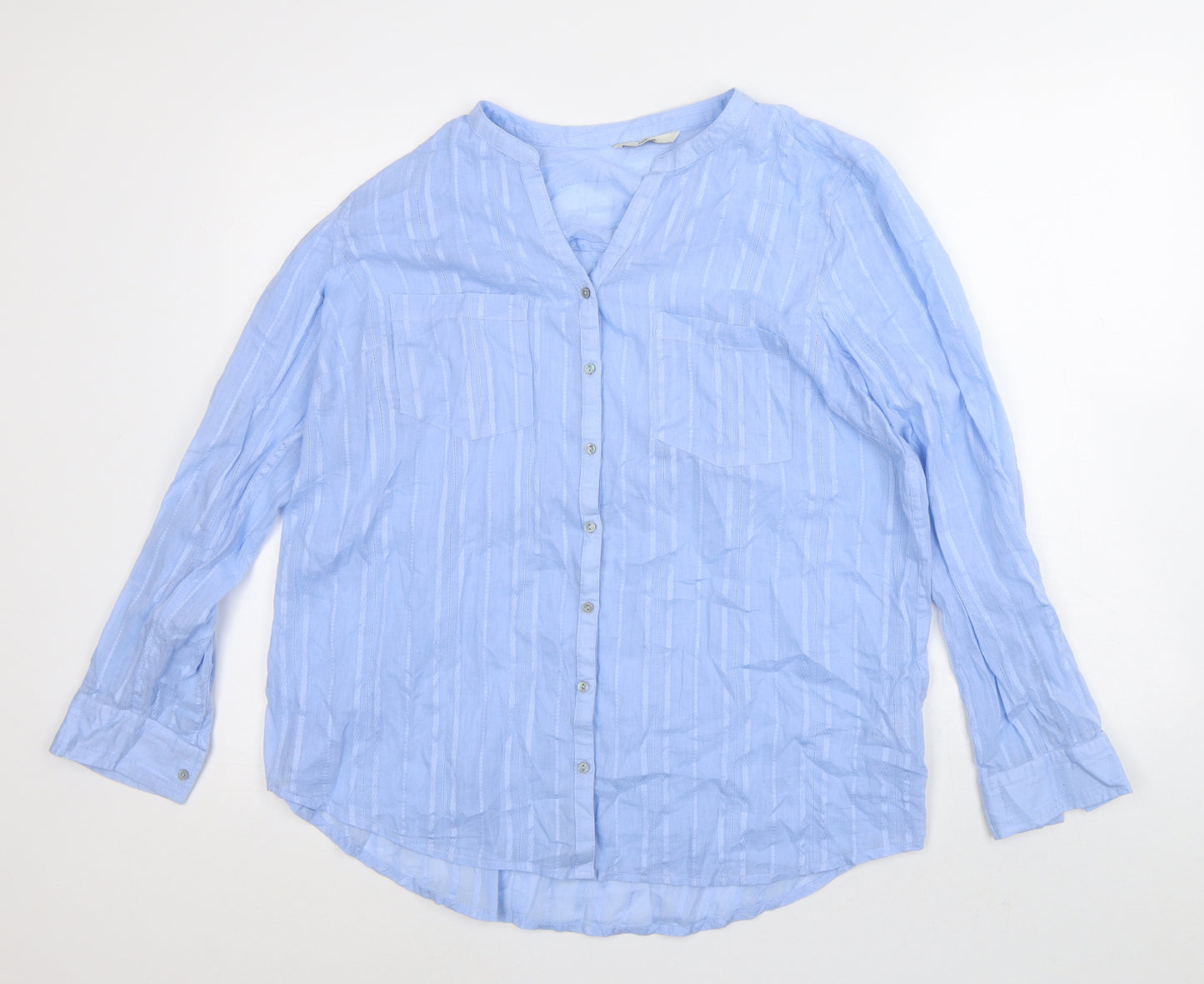 George Womens Blue Striped 100% Cotton Tunic Button-Up Size 16 Collared