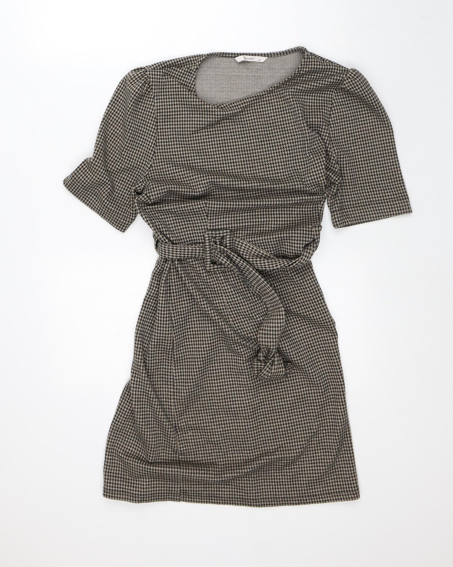 TU Womens Brown Houndstooth Polyester Fit & Flare  Size 12  Round Neck