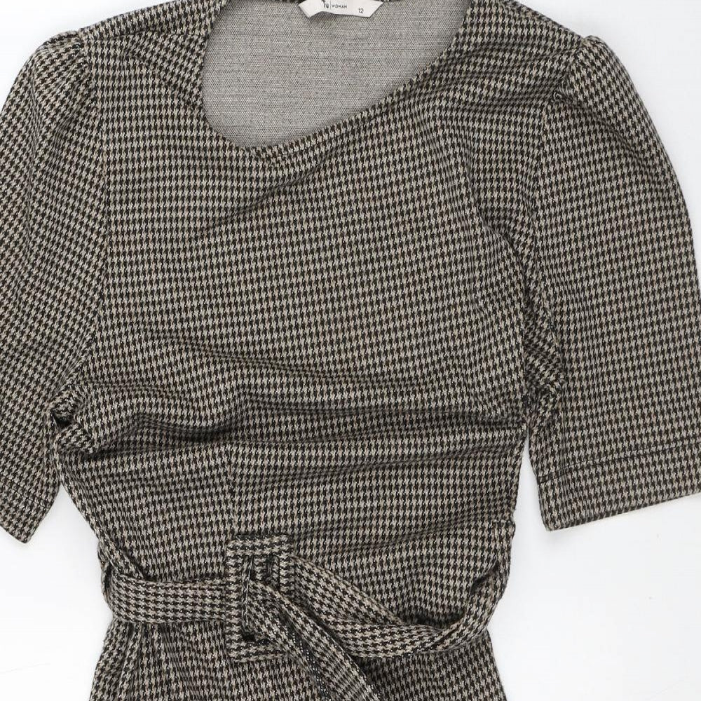 TU Womens Brown Houndstooth Polyester Fit & Flare  Size 12  Round Neck