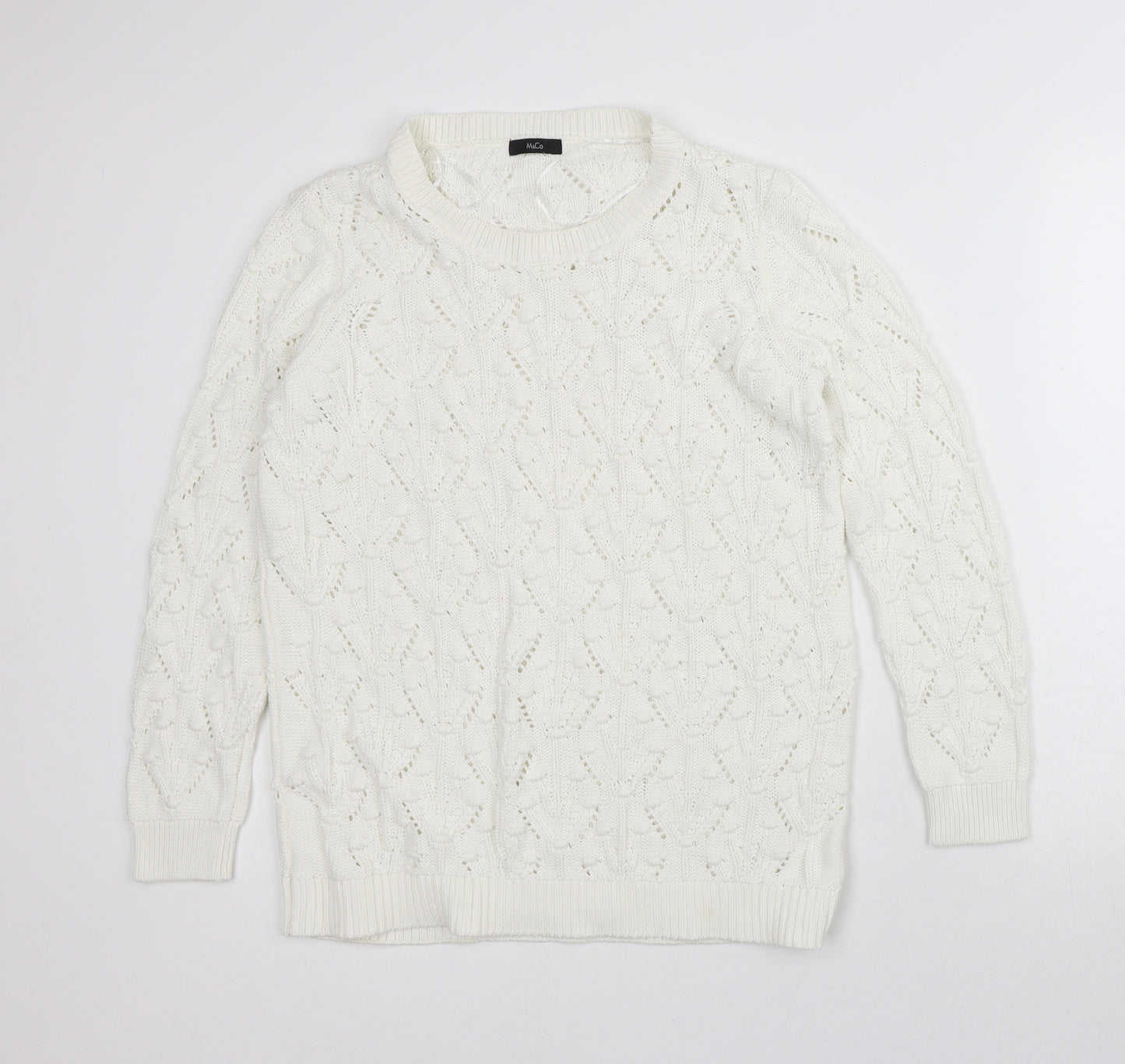 M&Co Womens White Round Neck Geometric 100% Cotton Pullover Jumper Size 12