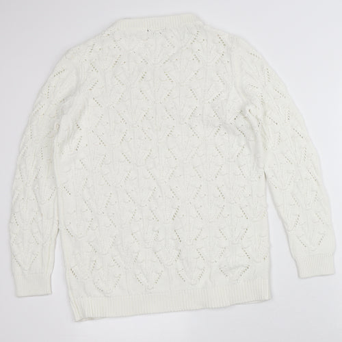 M&Co Womens White Round Neck Geometric 100% Cotton Pullover Jumper Size 12