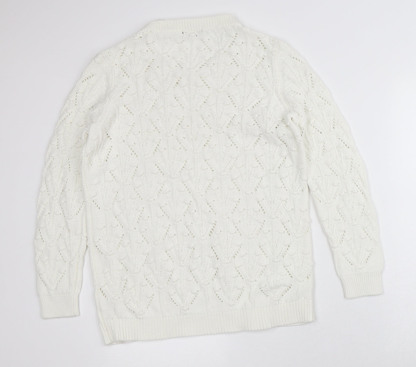 M&Co Womens White Round Neck Geometric 100% Cotton Pullover Jumper Size 12