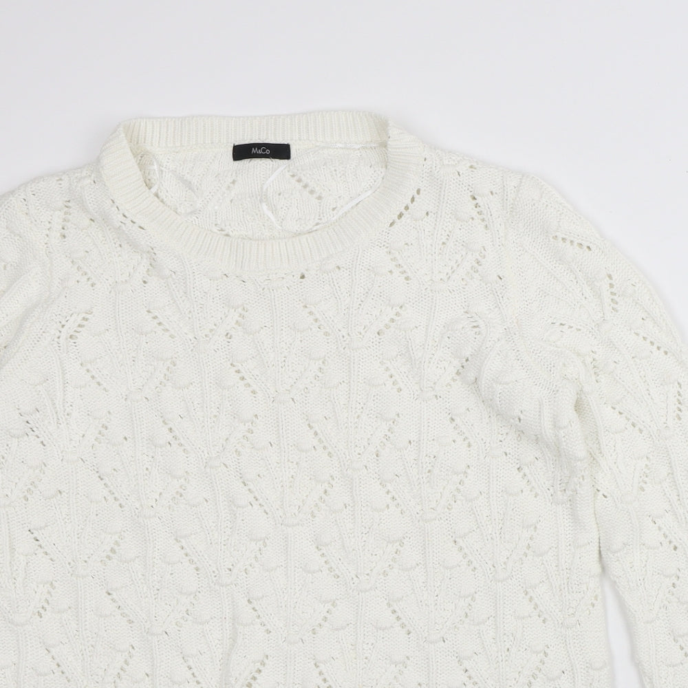 M&Co Womens White Round Neck Geometric 100% Cotton Pullover Jumper Size 12