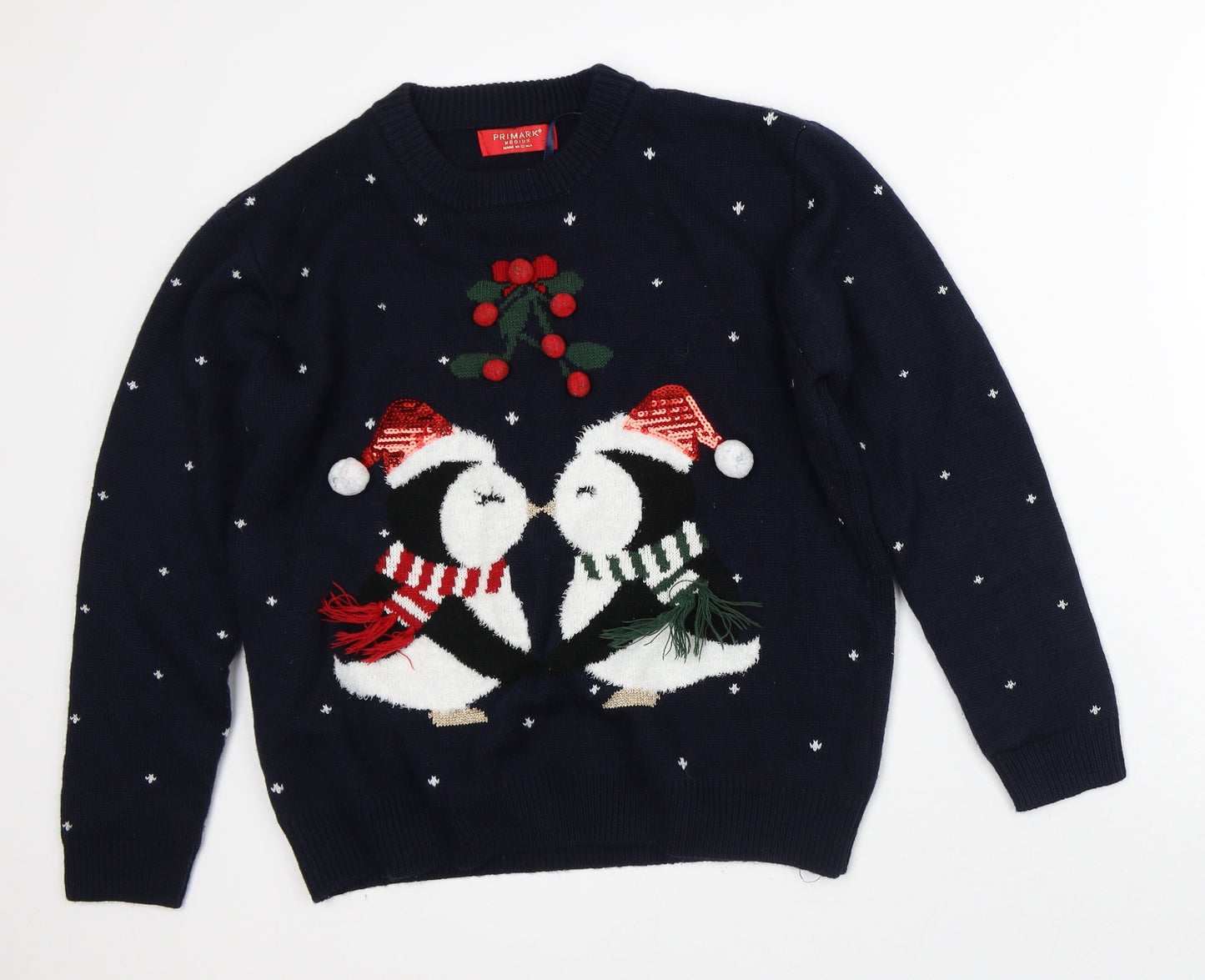 Primark Mens Blue High Neck  Acrylic Pullover Jumper Size M   - Christmas Penguin