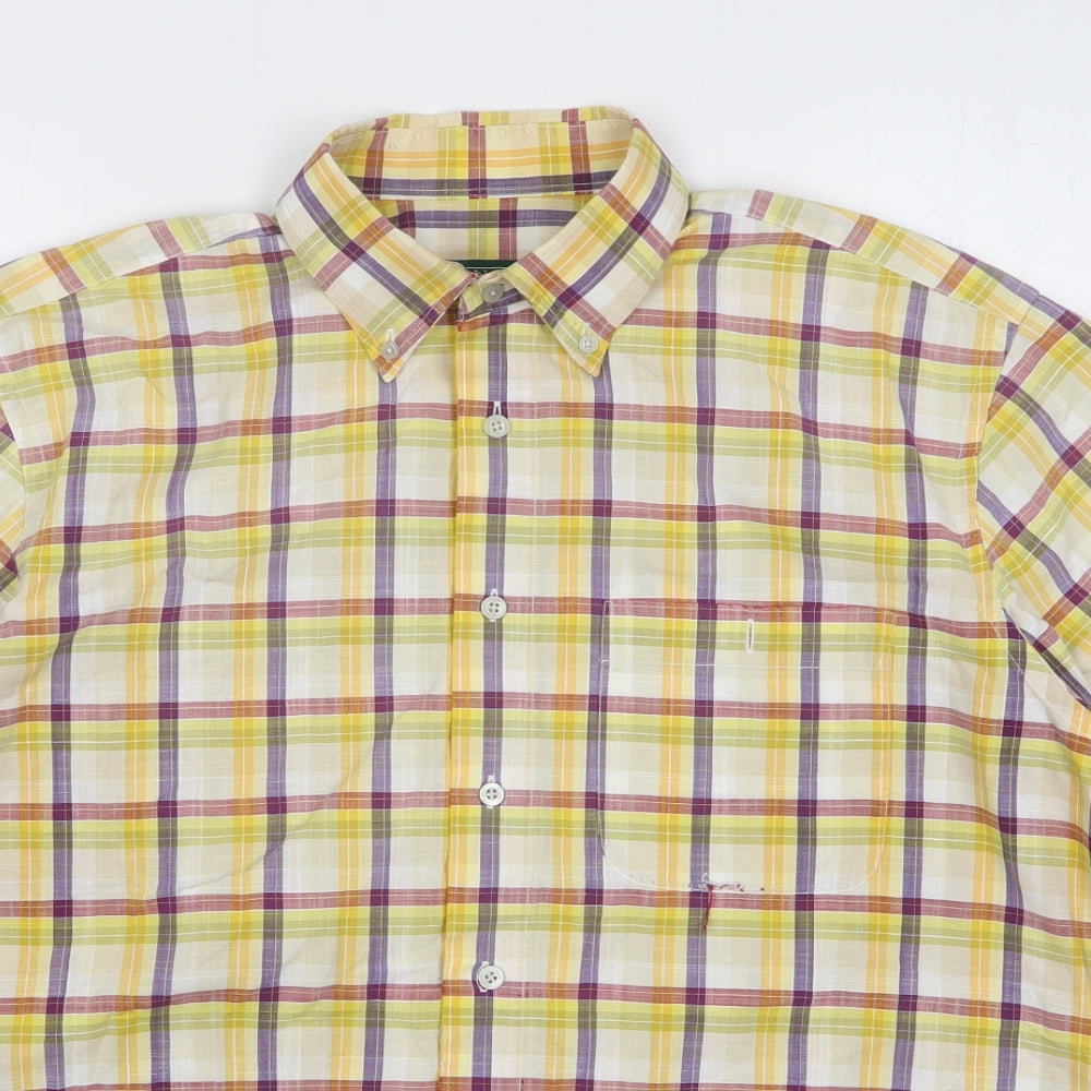 Renoir Mens Yellow Plaid Cotton  Button-Up Size L Collared