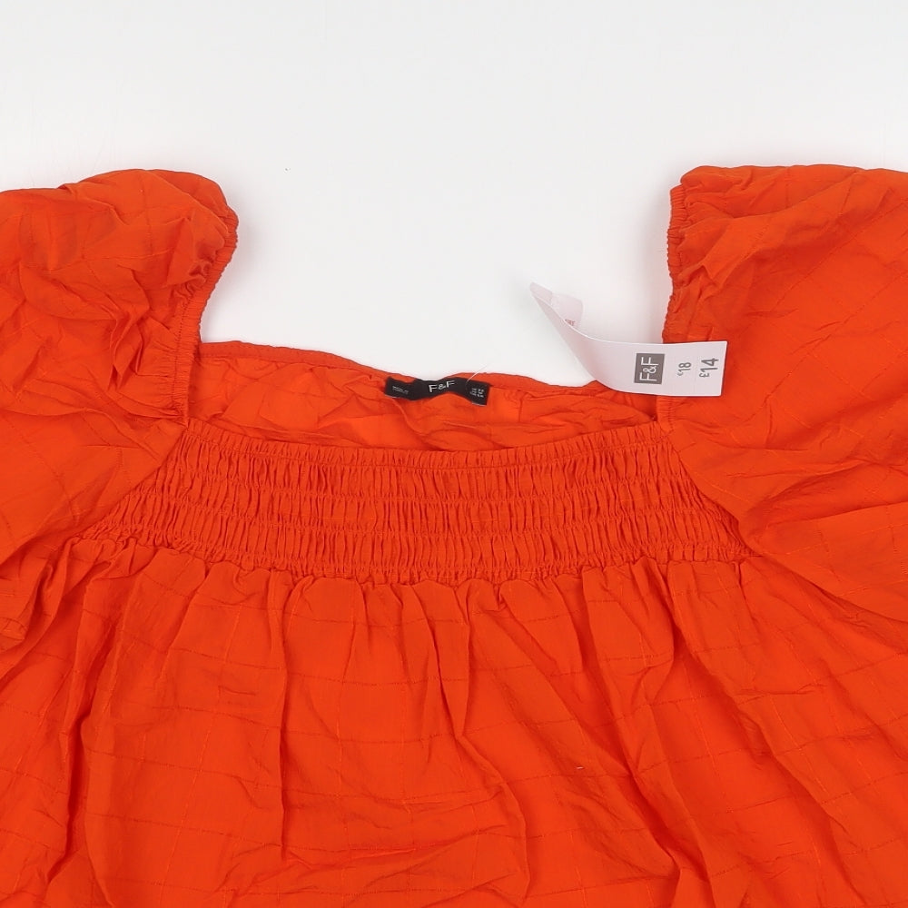 F&F Womens Orange Check Viscose Basic Blouse Size 22 Square Neck
