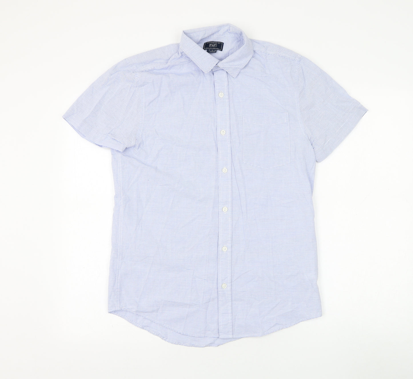 F&F Mens Blue Striped Cotton  Button-Up Size S Collared Button