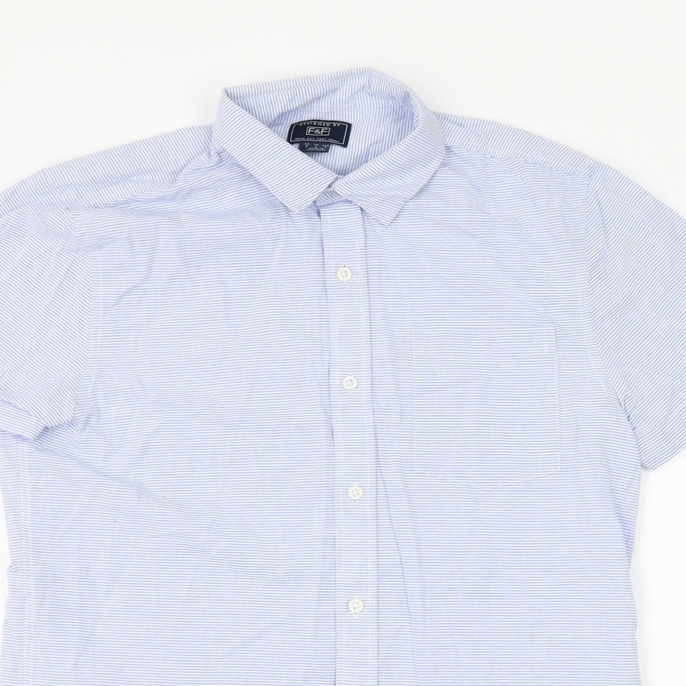 F&F Mens Blue Striped Cotton  Button-Up Size S Collared Button