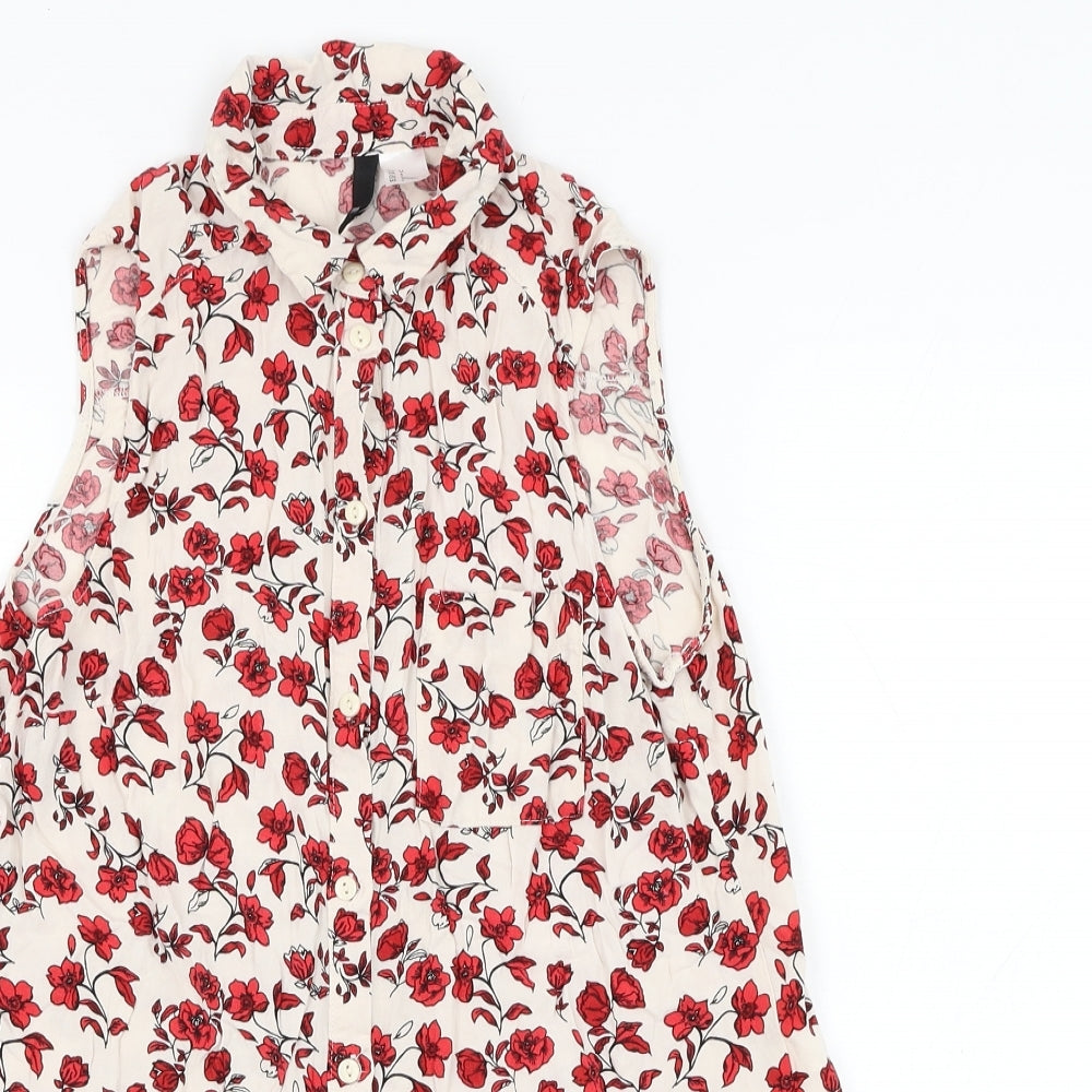 H&M Womens White Floral Viscose Basic Button-Up Size 8 Collared