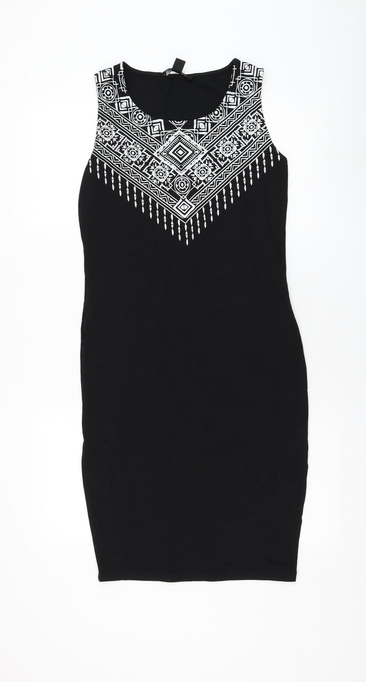Amisu Womens Black Geometric Polyester Tank Dress Size 10 Round Neck Pullover