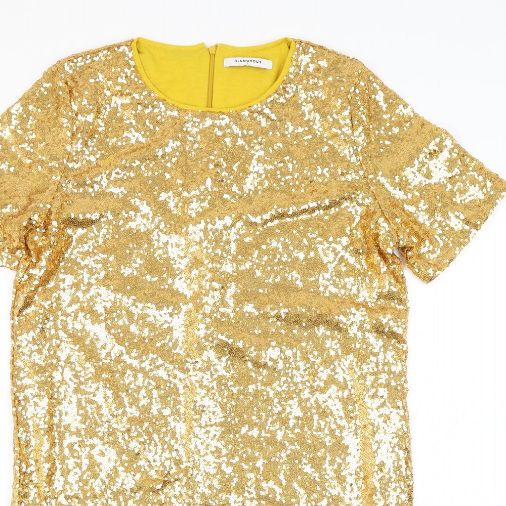 Glamorous Womens Gold  Polyester Shift  Size S  Round Neck Zip