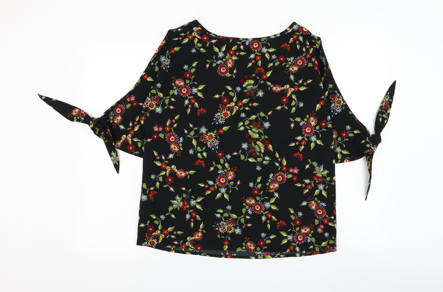 Marks and Spencer Womens Black Floral Polyester Basic Blouse Size 10 Round Neck