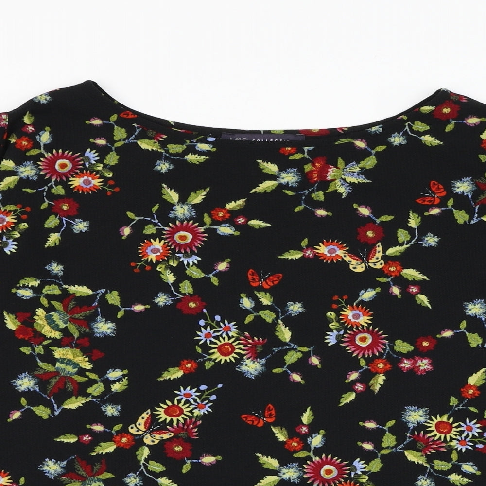 Marks and Spencer Womens Black Floral Polyester Basic Blouse Size 10 Round Neck