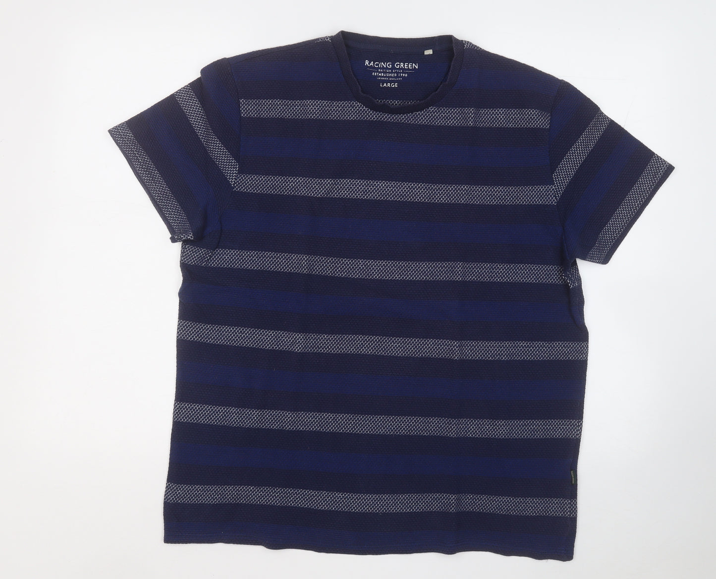 Racing Green Mens Blue Striped Cotton  T-Shirt Size L Round Neck