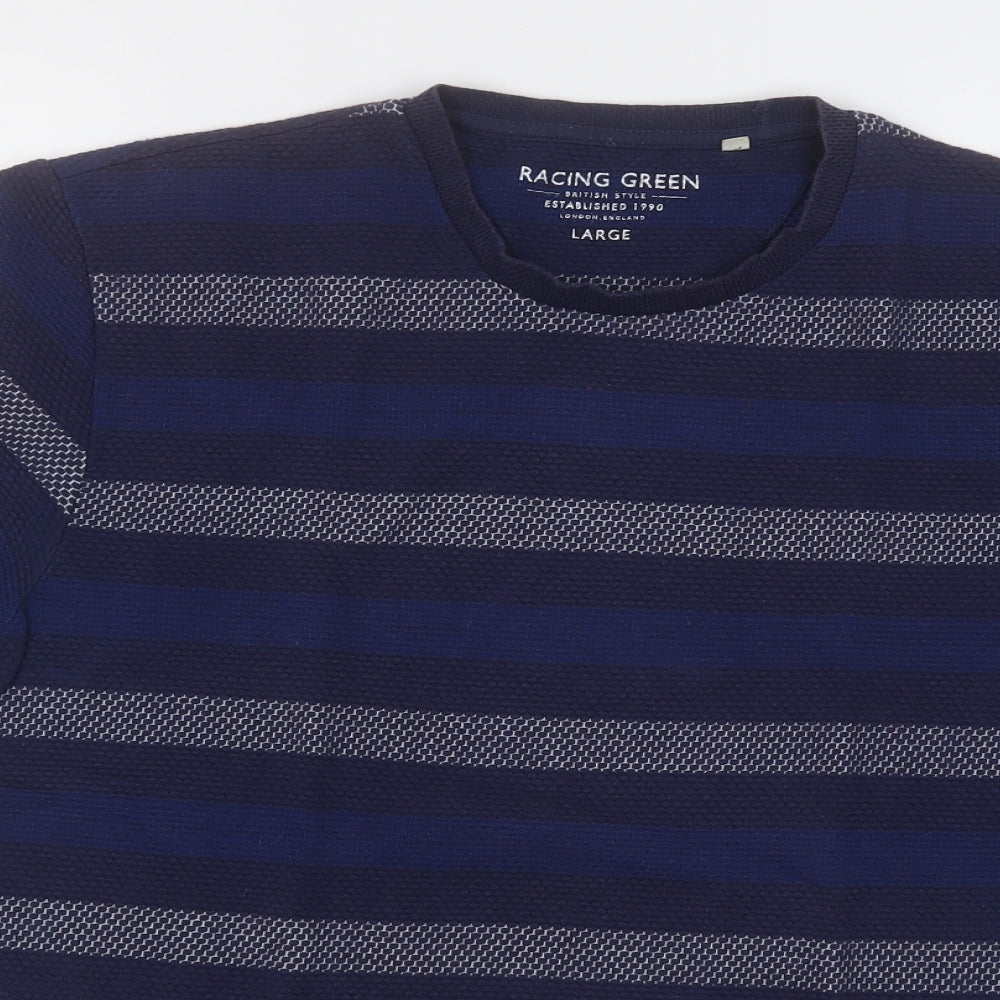 Racing Green Mens Blue Striped Cotton  T-Shirt Size L Round Neck
