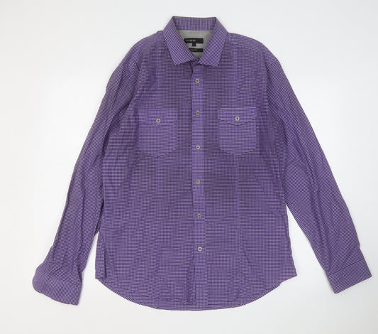 Autograph Mens Purple Plaid Cotton  Button-Up Size L Collared