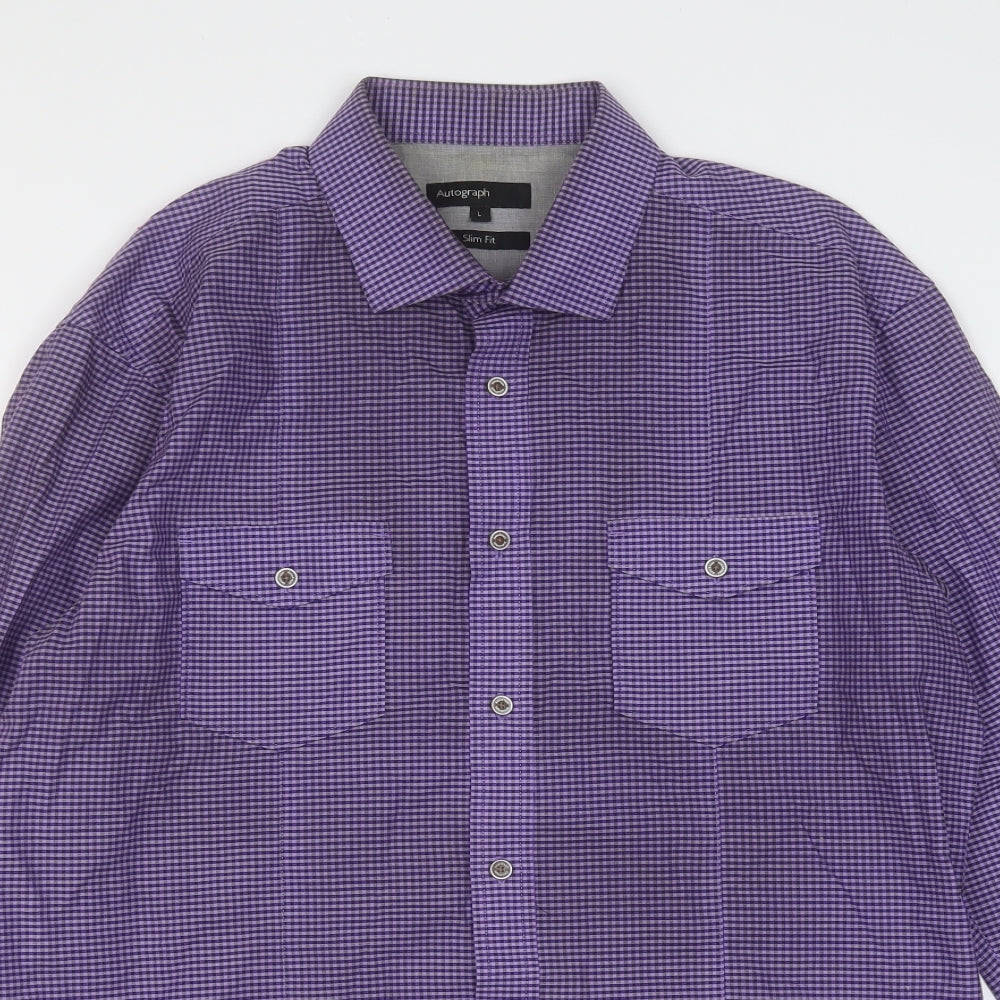 Autograph Mens Purple Plaid Cotton  Button-Up Size L Collared