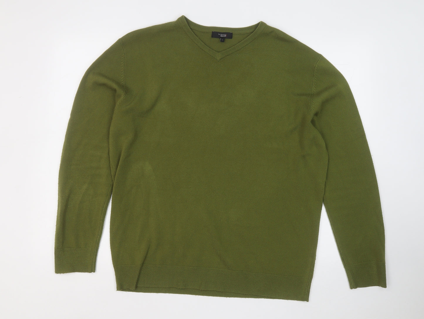 Thomas Nash Mens Green V-Neck  Acrylic Pullover Jumper Size L