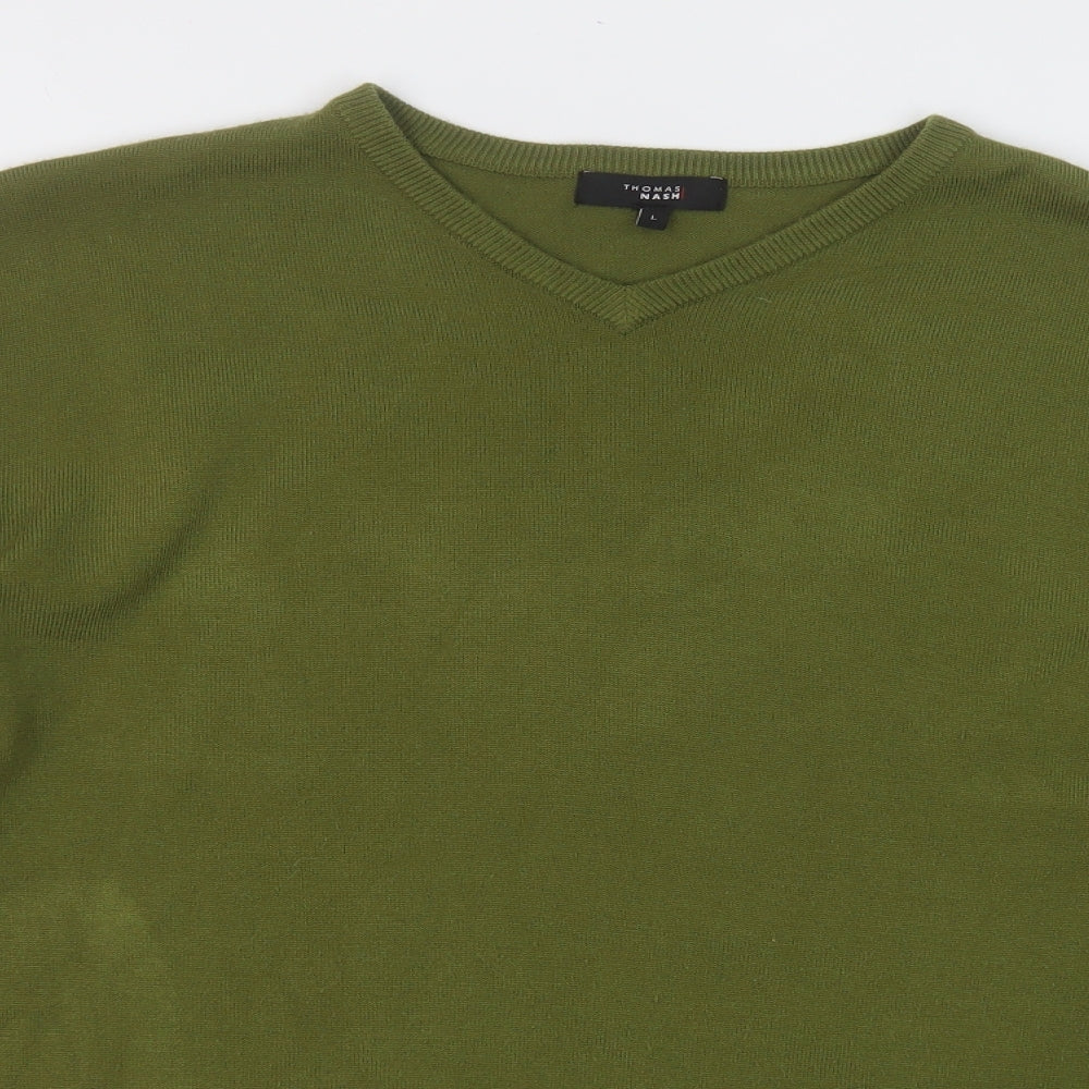 Thomas Nash Mens Green V-Neck  Acrylic Pullover Jumper Size L