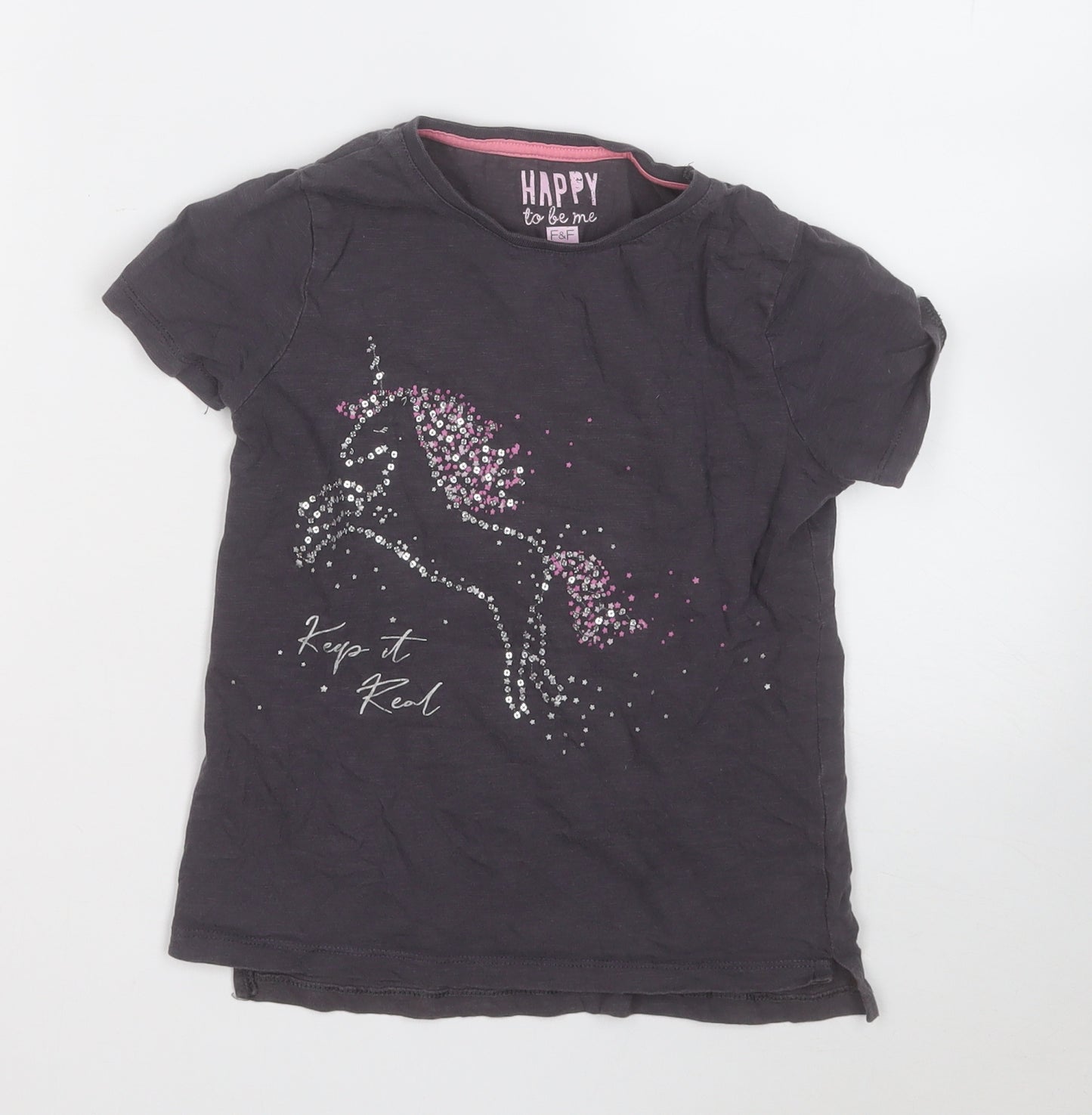 F&F Girls Grey  Cotton Basic T-Shirt Size 7-8 Years Round Neck  - Unicorn