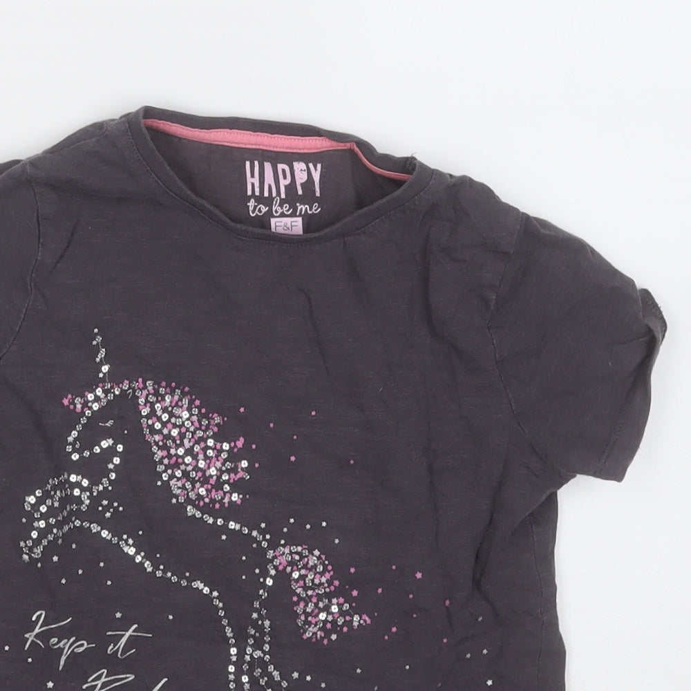 F&F Girls Grey  Cotton Basic T-Shirt Size 7-8 Years Round Neck  - Unicorn