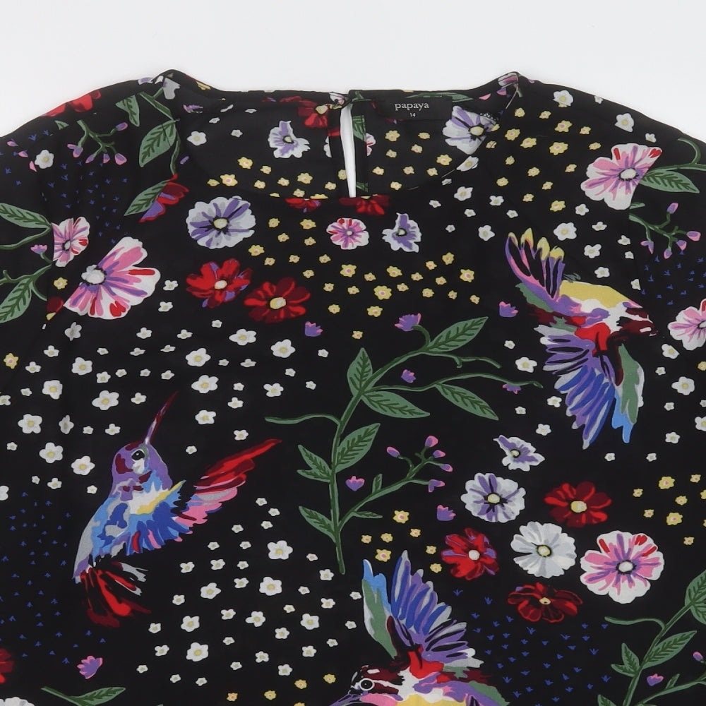 Papaya Womens Black Floral Polyester Basic Blouse Size 14 Round Neck