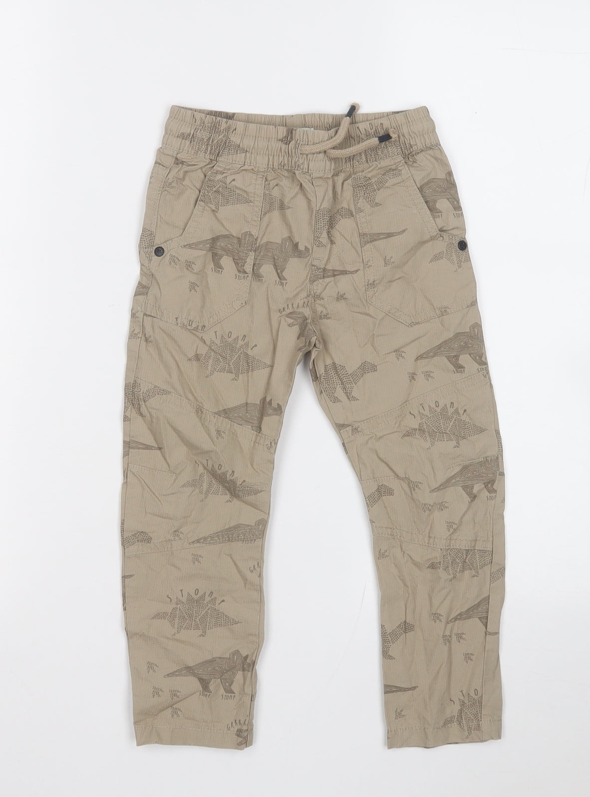 F&F Boys Beige Geometric Cotton Cargo Trousers Size 2-3 Years Regular - Dinosaurs