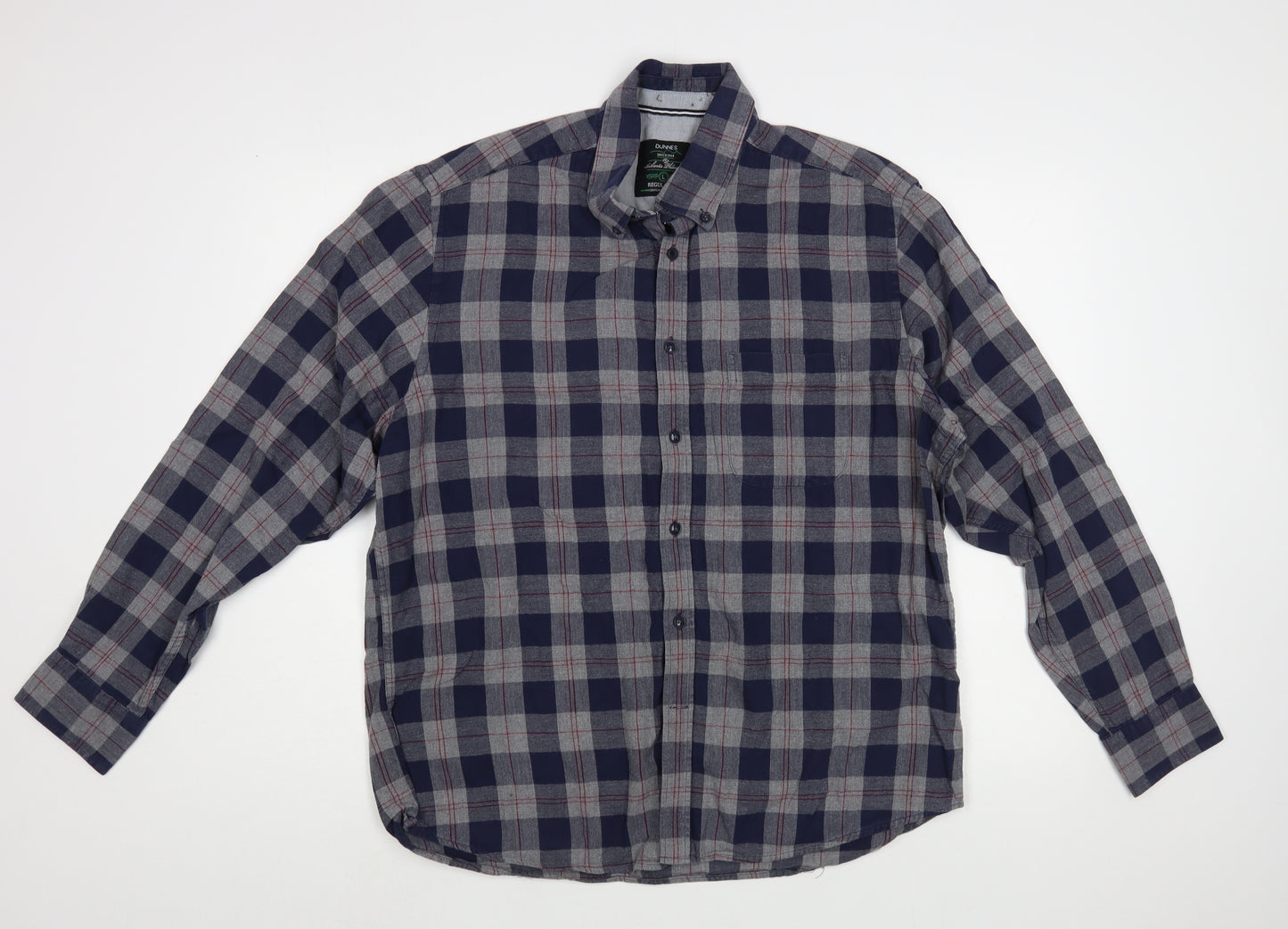Dunnes Stores Mens Blue Plaid Cotton  Button-Up Size L Collared Button