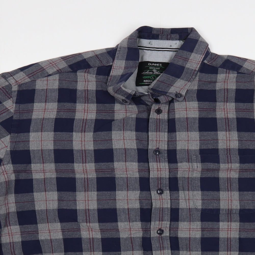 Dunnes Stores Mens Blue Plaid Cotton  Button-Up Size L Collared Button