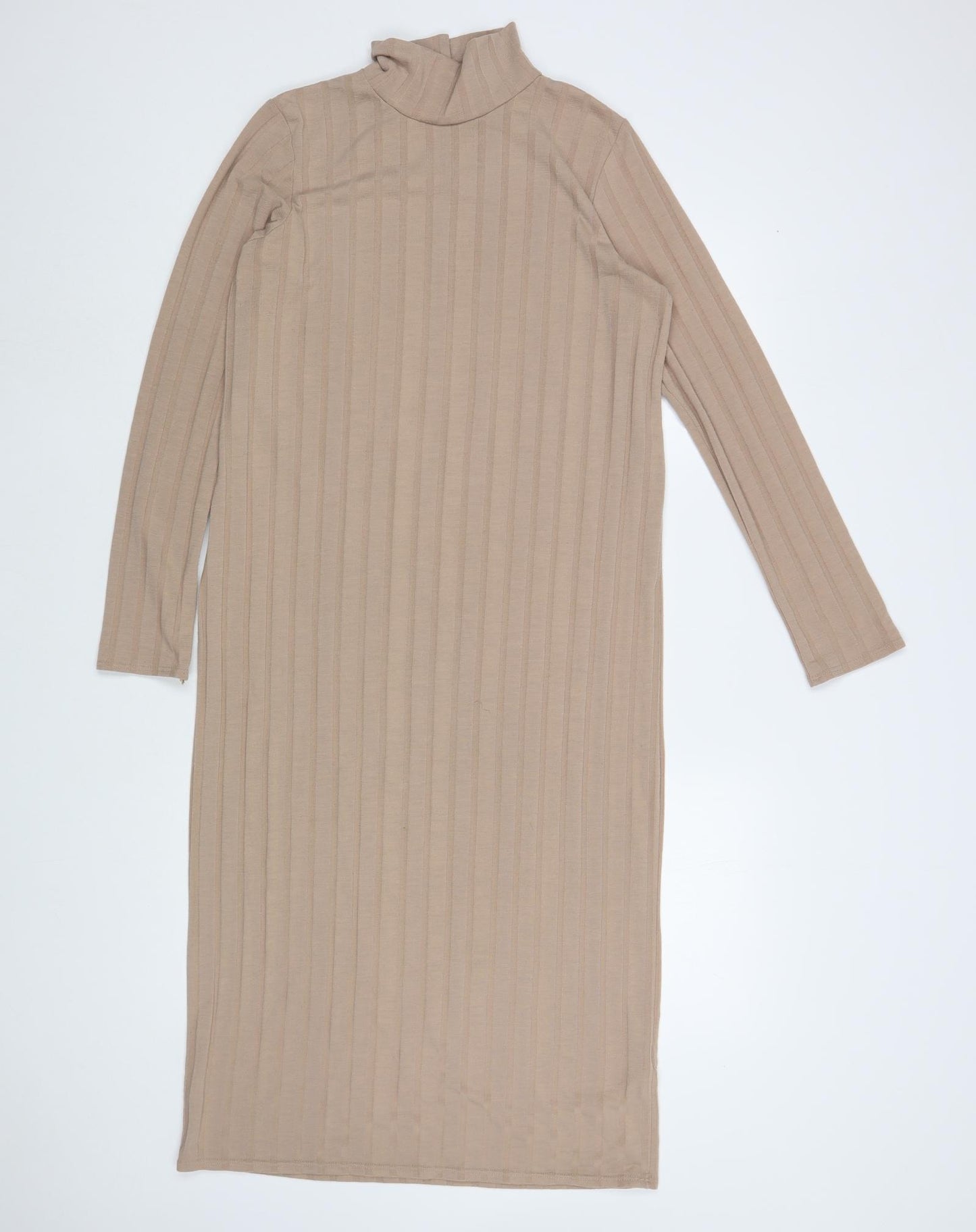 Dunnes Stores Womens Beige  Polyester Jumper Dress  Size 12  Mock Neck Button