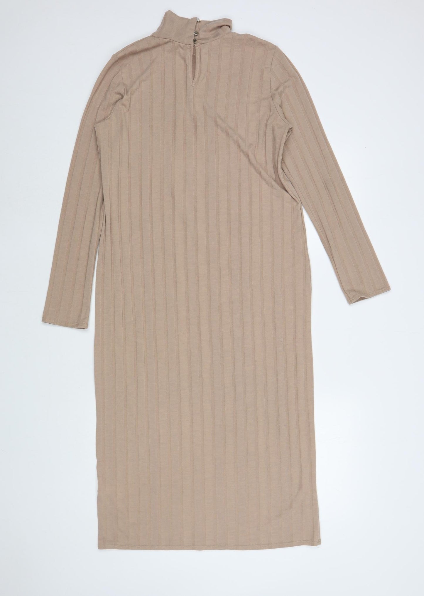 Dunnes Stores Womens Beige  Polyester Jumper Dress  Size 12  Mock Neck Button