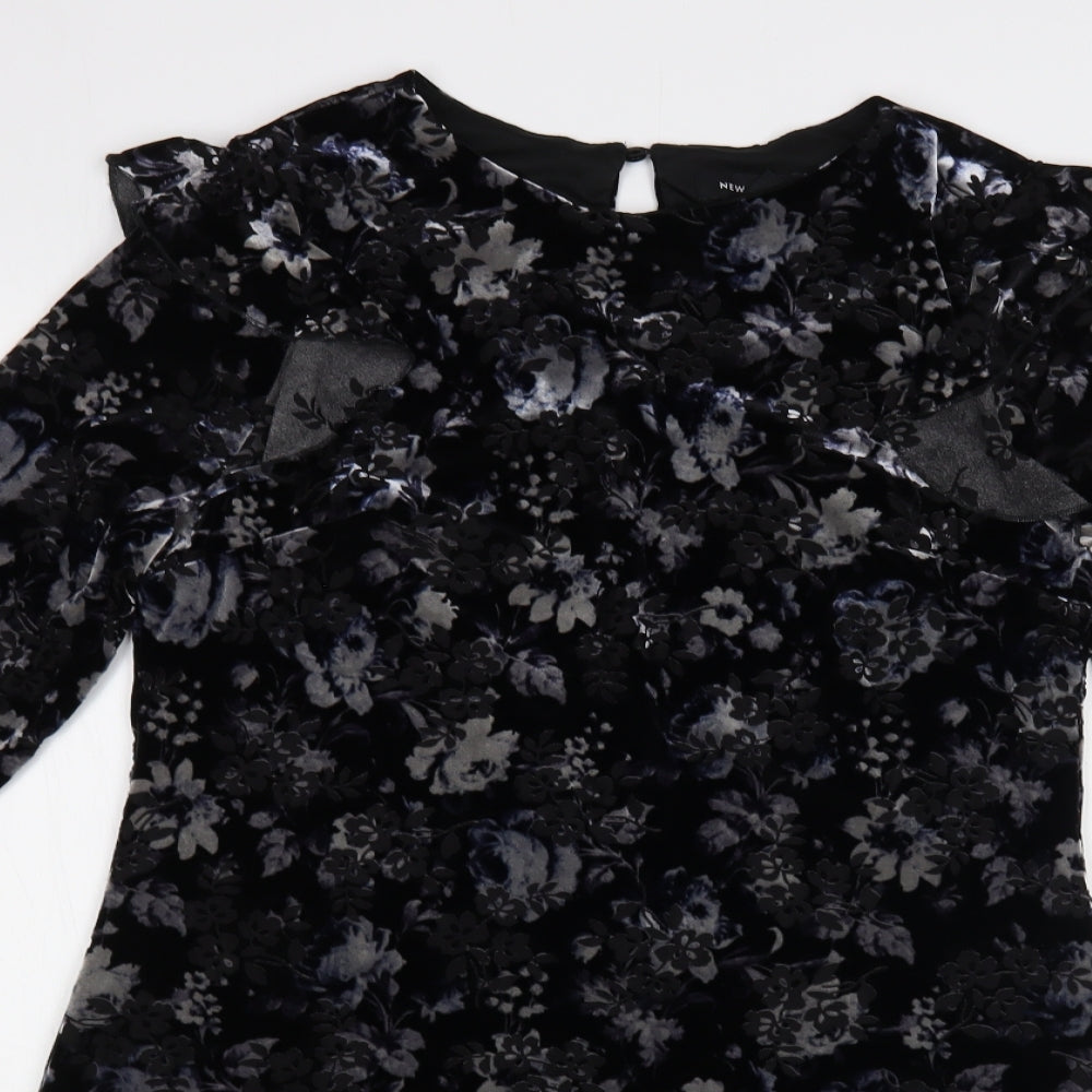 New Look Womens Black Floral Polyester Fit & Flare  Size 14  Round Neck Button