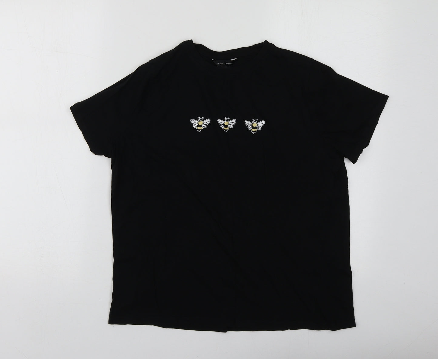 New Look Womens Black Geometric Cotton Basic T-Shirt Size 14 Round Neck
