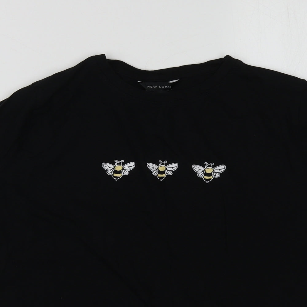 New Look Womens Black Geometric Cotton Basic T-Shirt Size 14 Round Neck