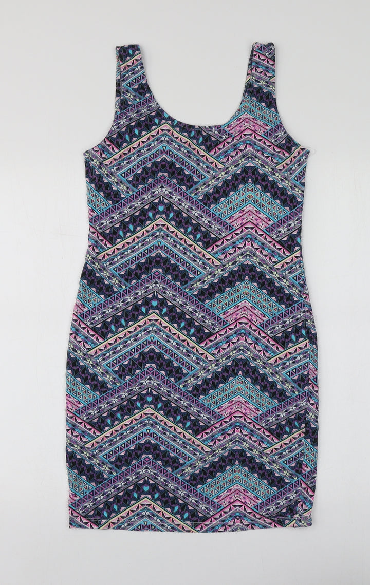 New Look Womens Multicoloured Geometric Cotton A-Line Size 12 Round Neck